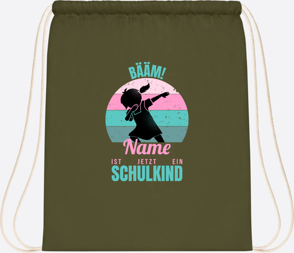 Turnbeutel BÄÄM Schulkind Mädchen – Personalisiert mit Name - Olive Green
