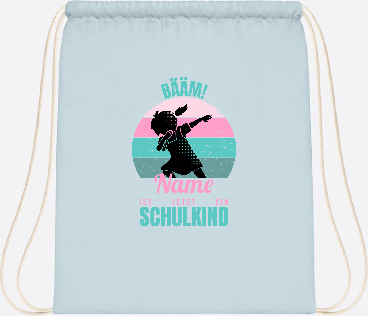 Turnbeutel BÄÄM Schulkind Mädchen – Personalisiert mit Name - Pastel Blue/White