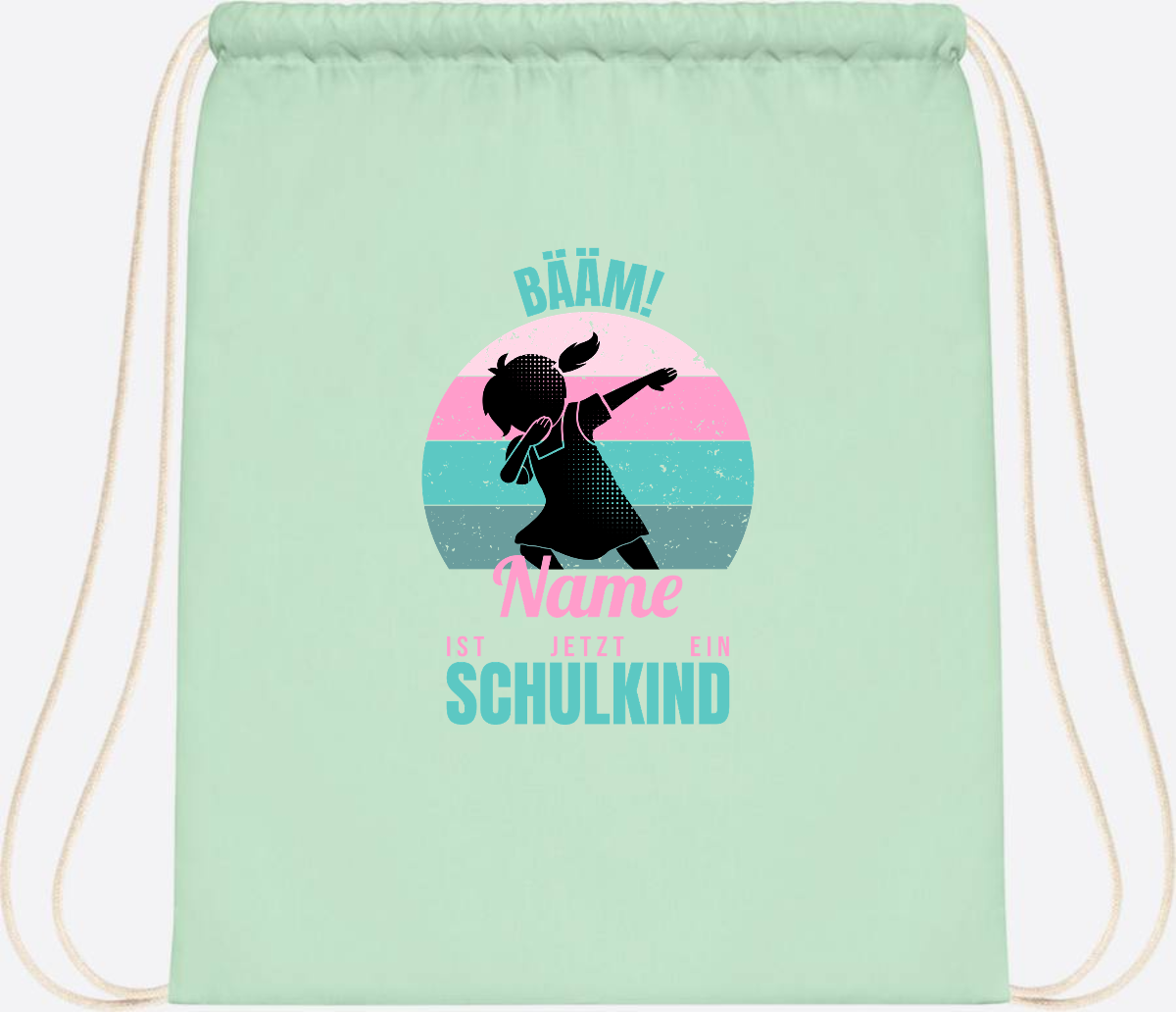 Turnbeutel BÄÄM Schulkind Mädchen – Personalisiert mit Name - Pastel Mint/White