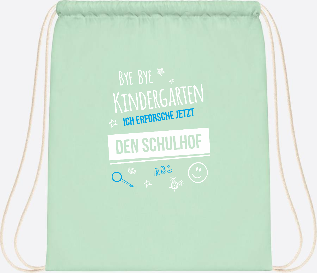Turnbeutel Bye Bye Kindergarten – Geschenk zur Einschulung - Pastel Mint/White