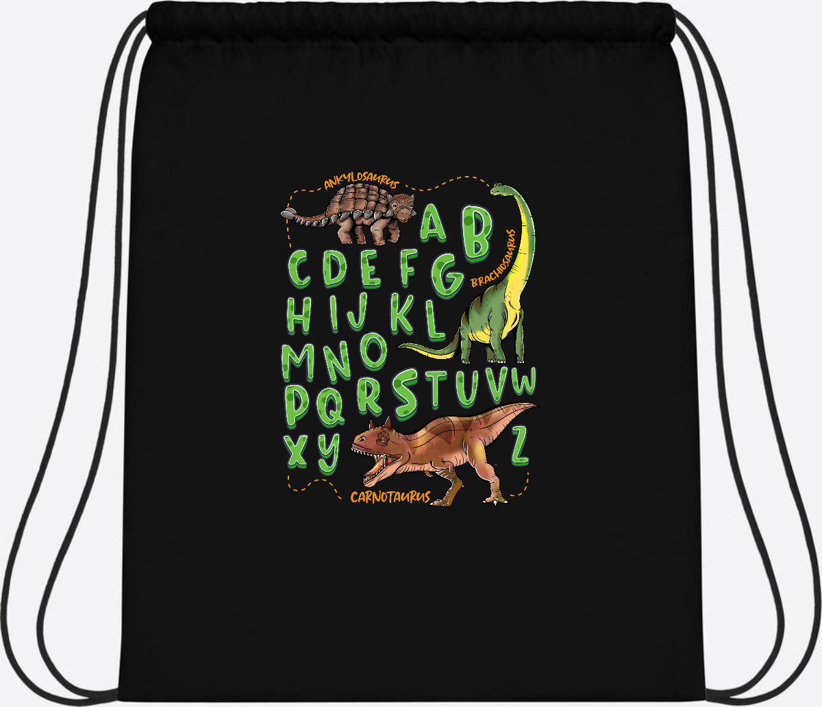 Turnbeutel Dino-Alphabet mit Namen – Geschenk zur Einschulung - Black/Black