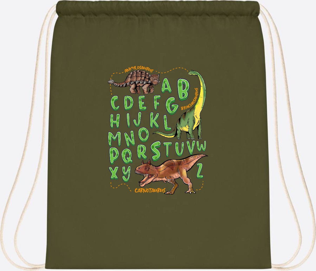 Turnbeutel Dino-Alphabet mit Namen – Geschenk zur Einschulung - Olive Green