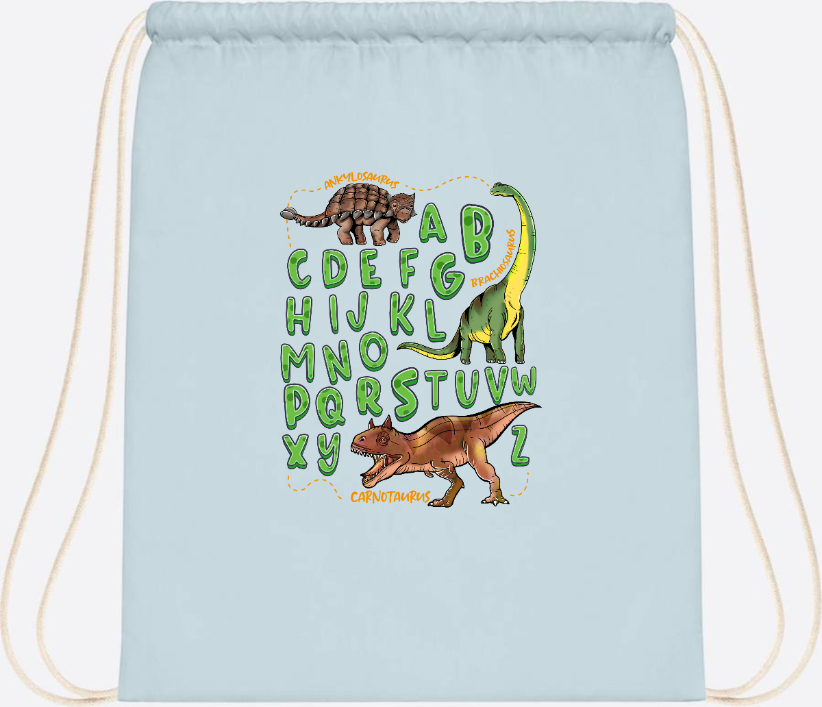 Turnbeutel Dino-Alphabet mit Namen – Geschenk zur Einschulung - Pastel Blue/White