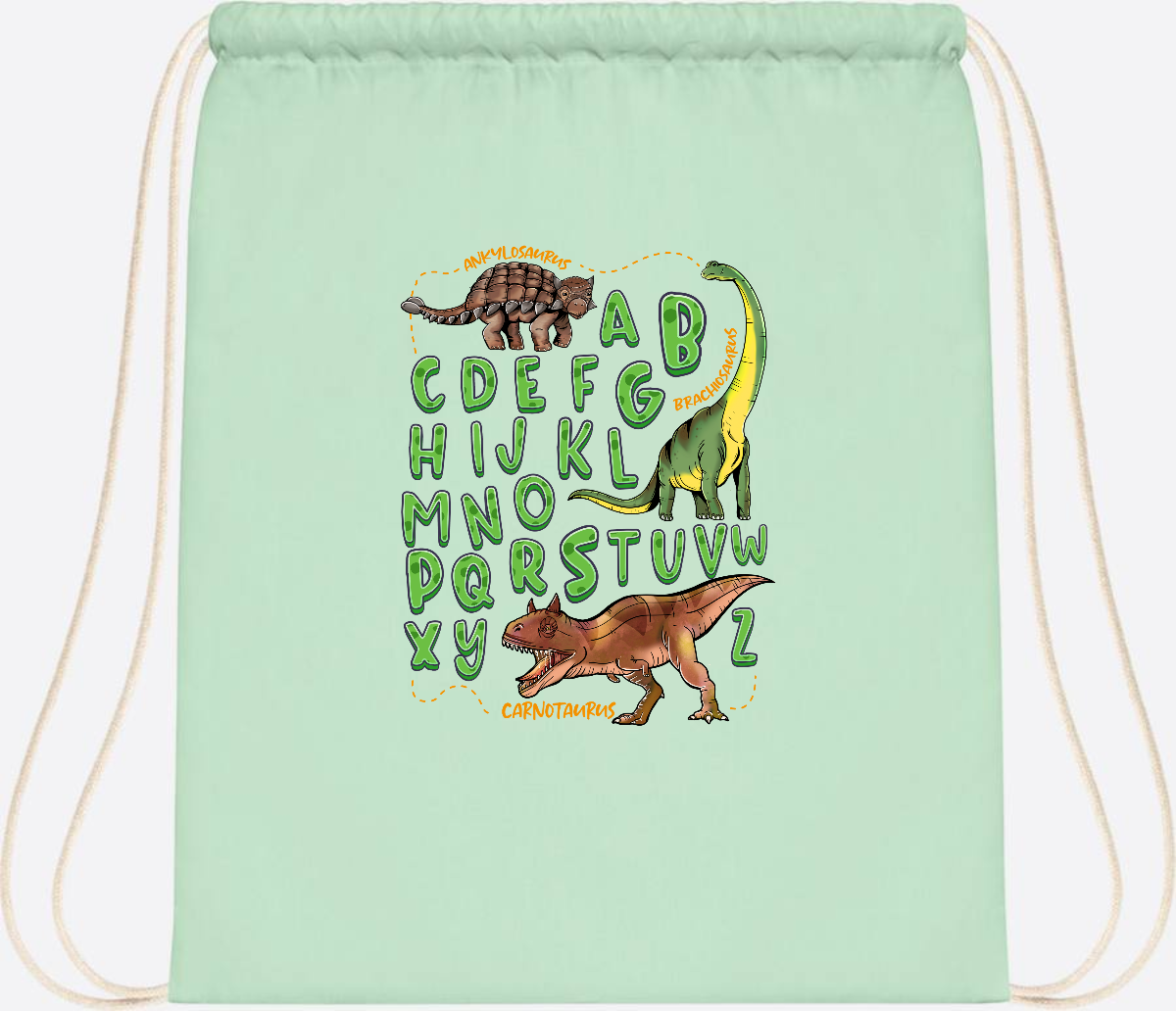 Turnbeutel Dino-Alphabet mit Namen – Geschenk zur Einschulung - Pastel Mint/White