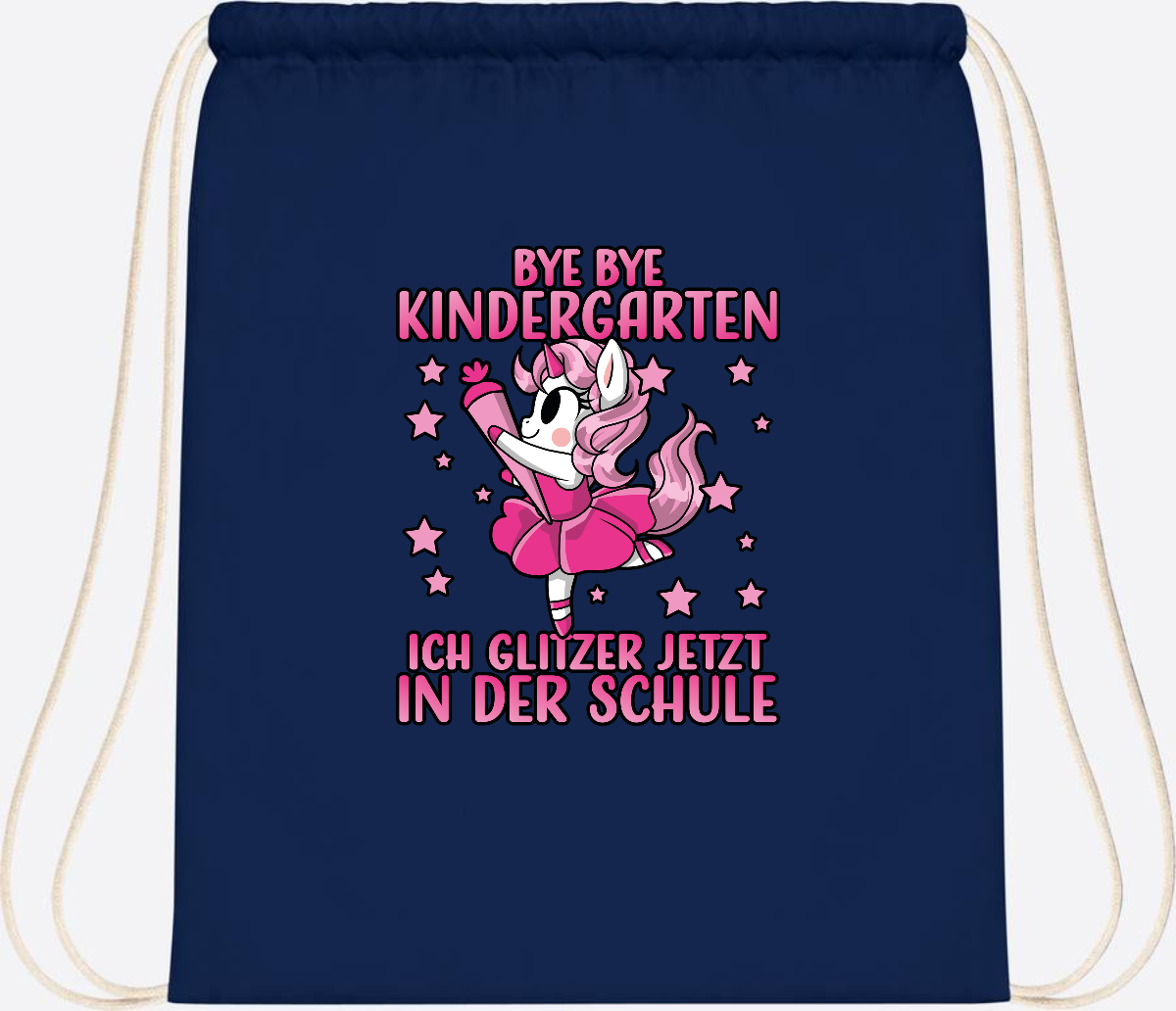 Turnbeutel Einhorn – Bye Bye Kindergarten, ich glitzer jetzt Pink - French Navy