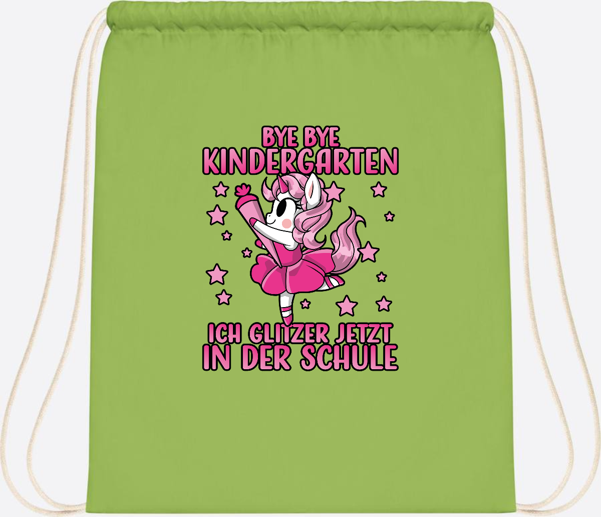 Turnbeutel Einhorn – Bye Bye Kindergarten, ich glitzer jetzt Pink - Lime Green
