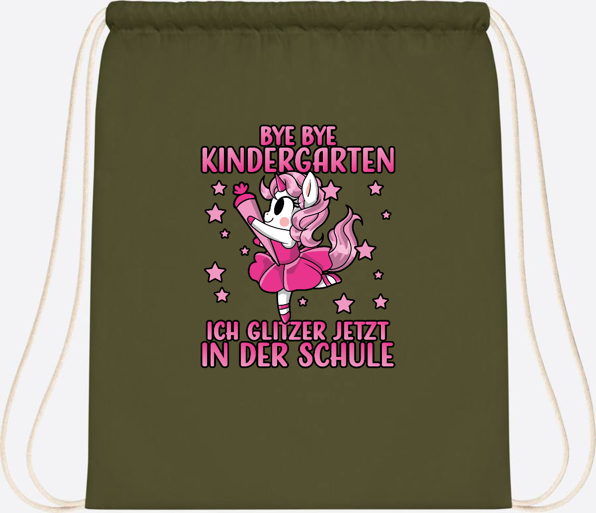 Turnbeutel Einhorn – Bye Bye Kindergarten, ich glitzer jetzt Pink - Olive Green