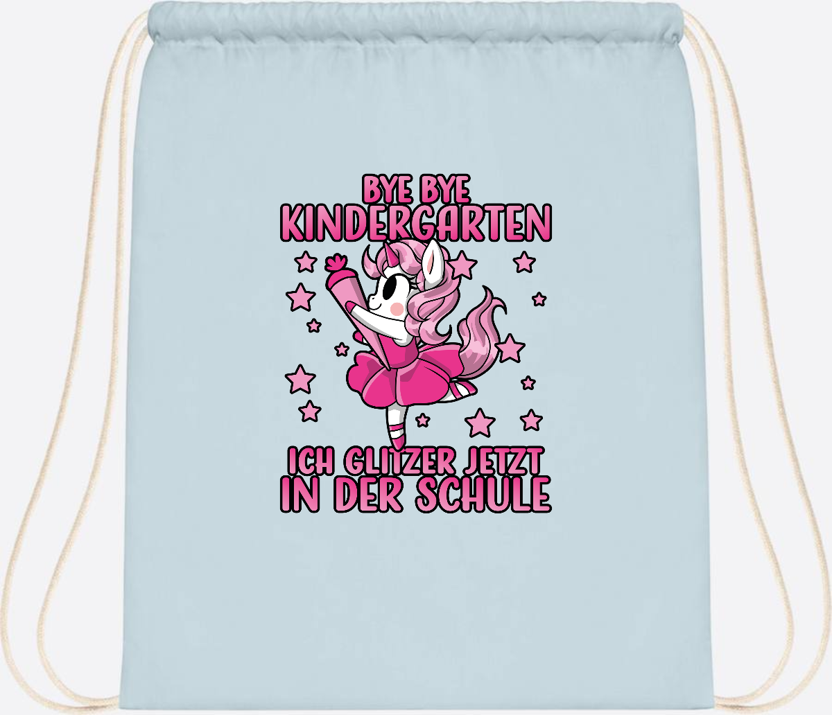 Turnbeutel Einhorn – Bye Bye Kindergarten, ich glitzer jetzt Pink - Pastel Blue/White