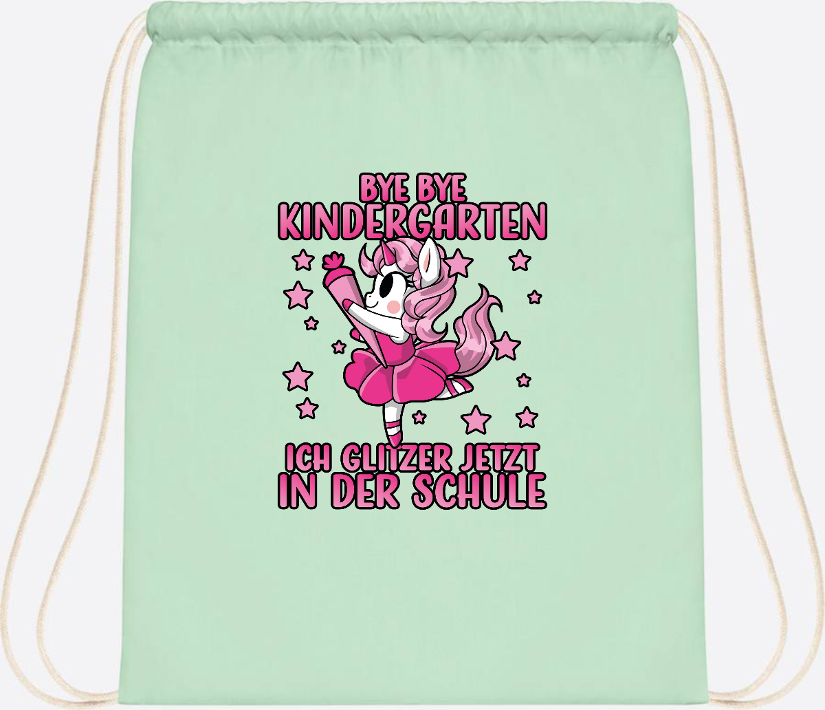 Turnbeutel Einhorn – Bye Bye Kindergarten, ich glitzer jetzt Pink - Pastel Mint/White
