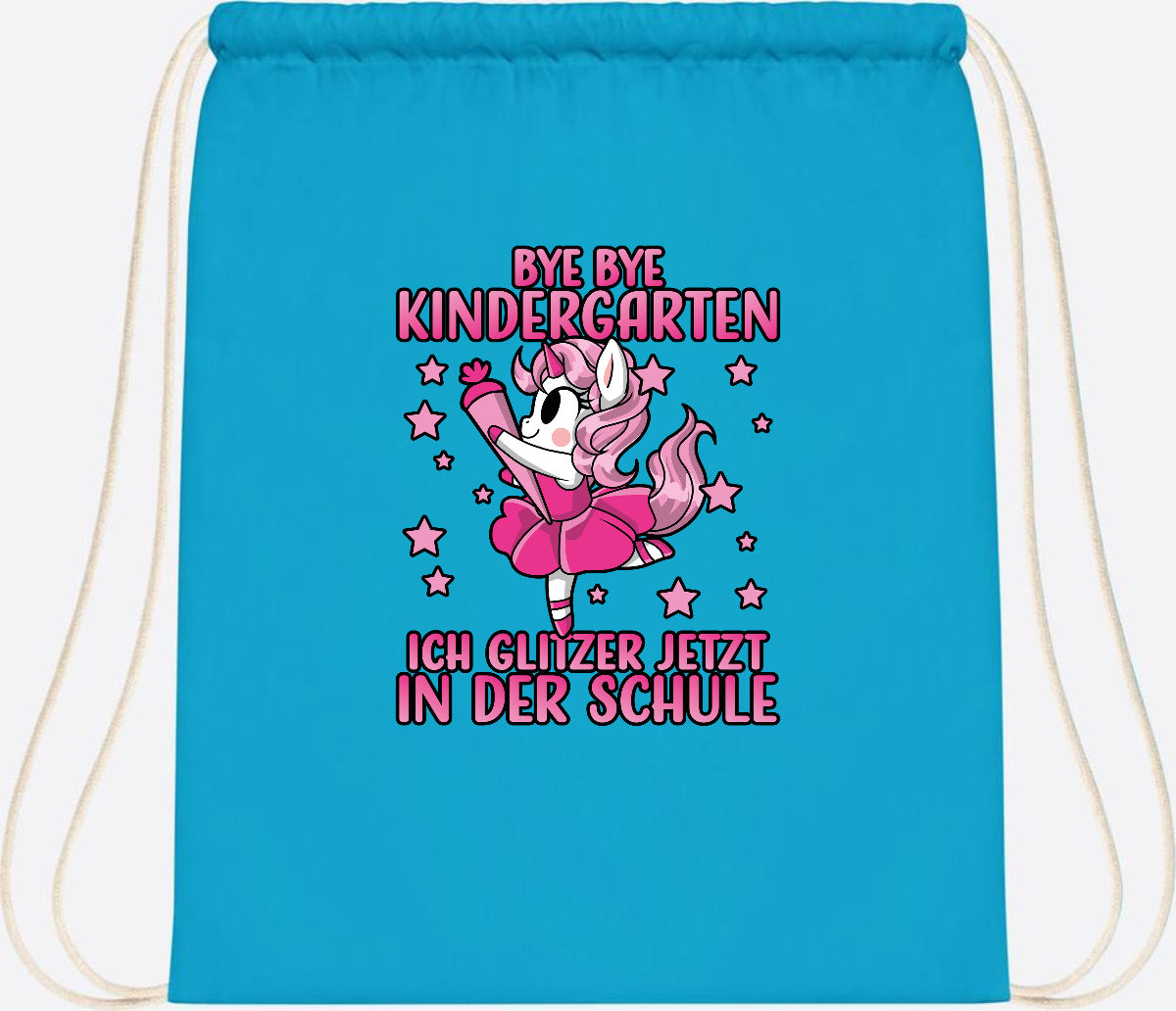 Turnbeutel Einhorn – Bye Bye Kindergarten, ich glitzer jetzt Pink - Surf Blue