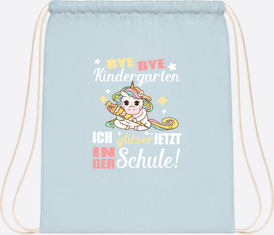 Turnbeutel Einhorn Bye Bye Kindergarten mit Wunschnamen - Pastel Blue/White