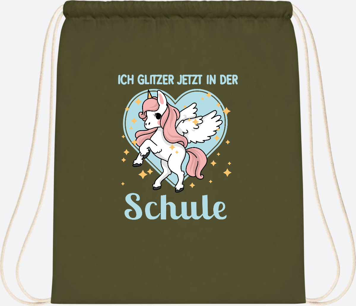 Turnbeutel Einhorn: Ich glitzer in der Schule - mit Wunschnamen - Olive Green