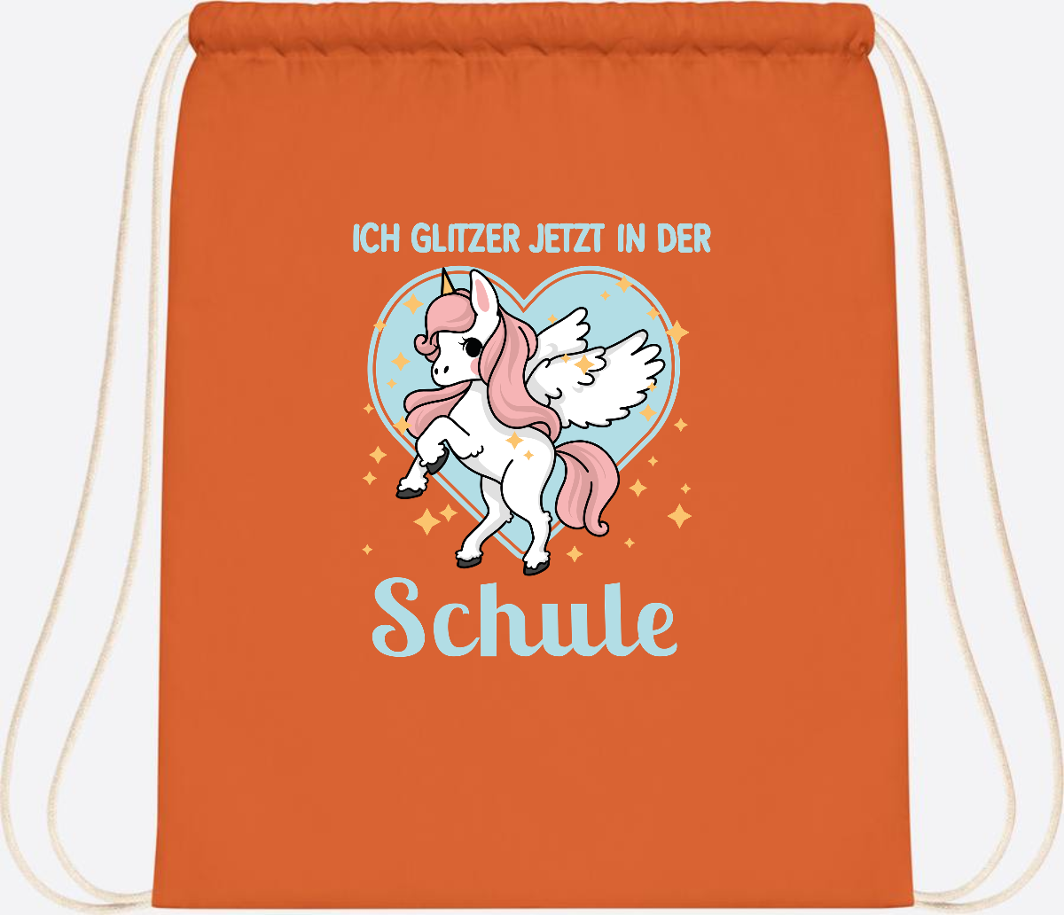 Turnbeutel Einhorn: Ich glitzer in der Schule - mit Wunschnamen - Orange
