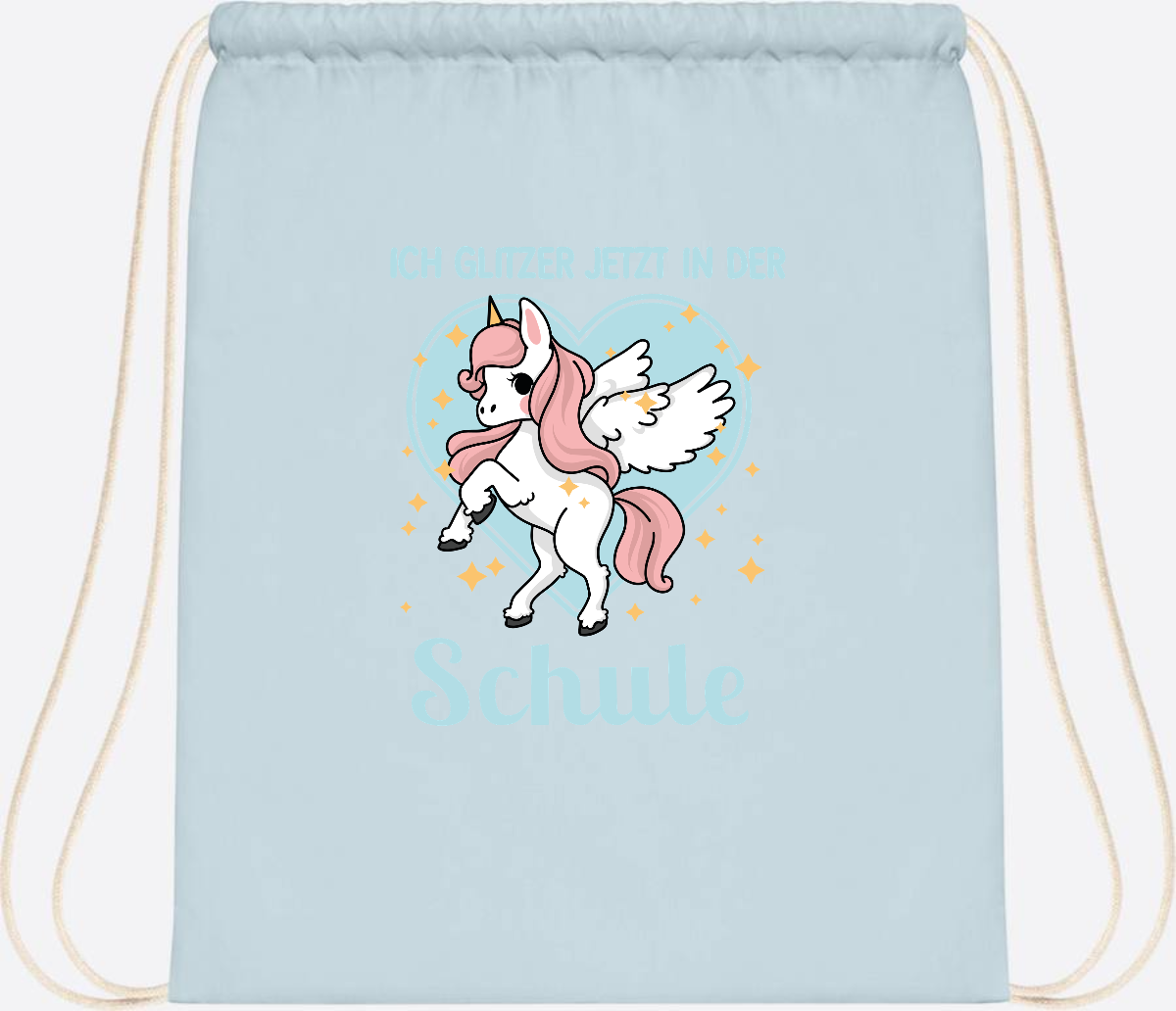 Turnbeutel Einhorn: Ich glitzer in der Schule - mit Wunschnamen - Pastel Blue/White