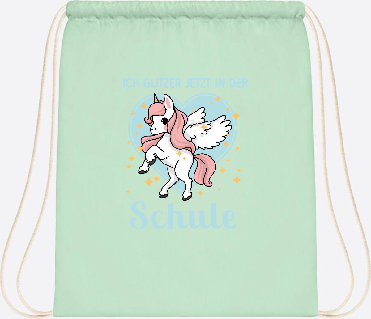 Turnbeutel Einhorn: Ich glitzer in der Schule - mit Wunschnamen - Pastel Mint/White