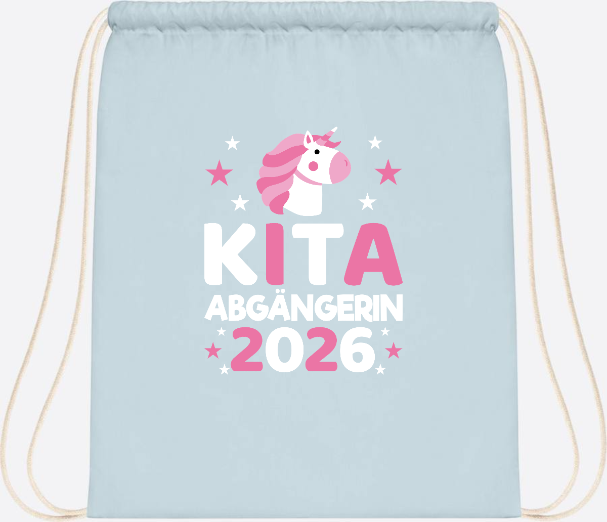 Turnbeutel Einhorn Kita Abgängerin 2026 – Personalisiert - Pastel Blue/White
