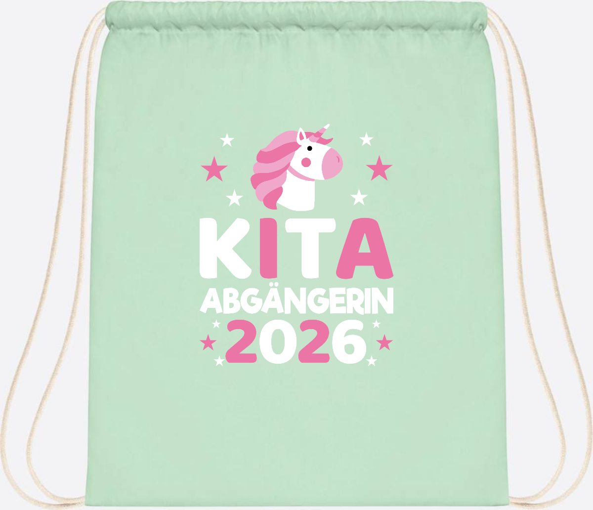 Turnbeutel Einhorn Kita Abgängerin 2026 – Personalisiert - Pastel Mint/White
