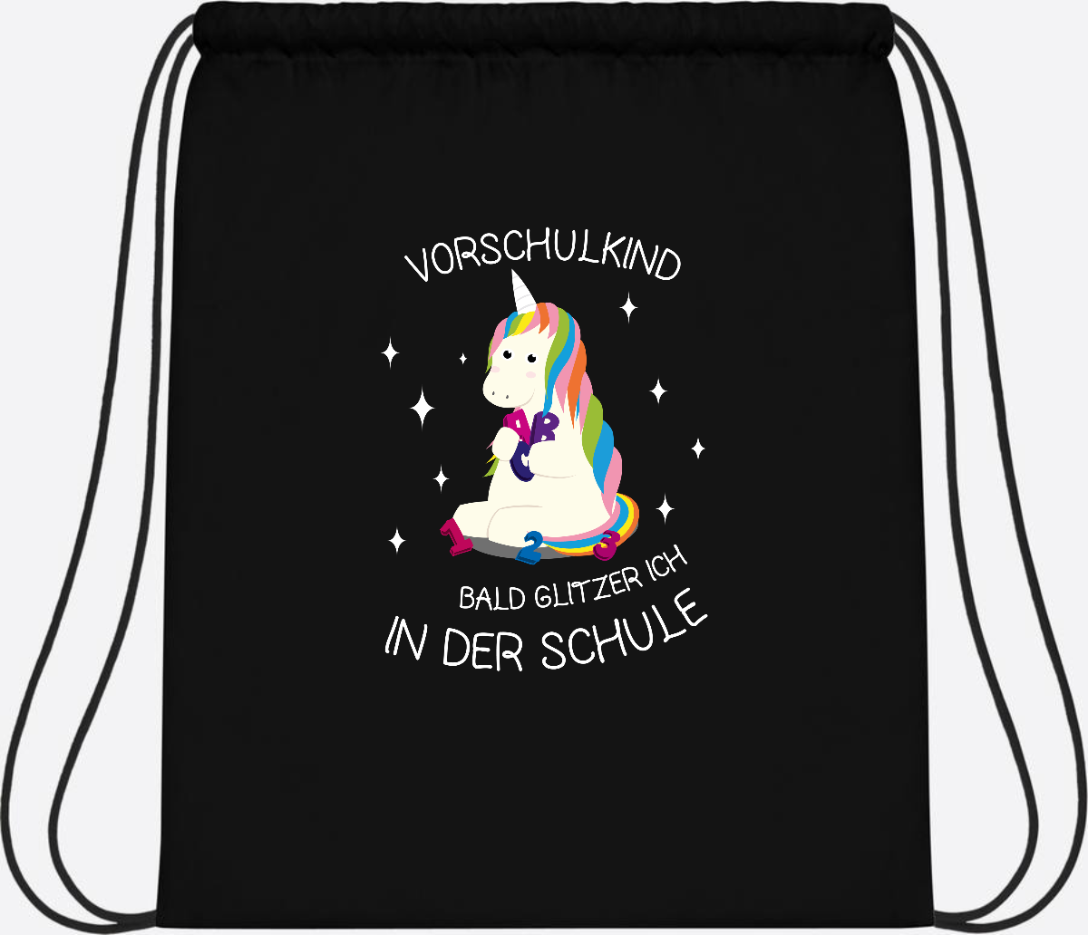 Turnbeutel Einhorn Vorschulkind – Personalisiert mit Namen - Black/Black