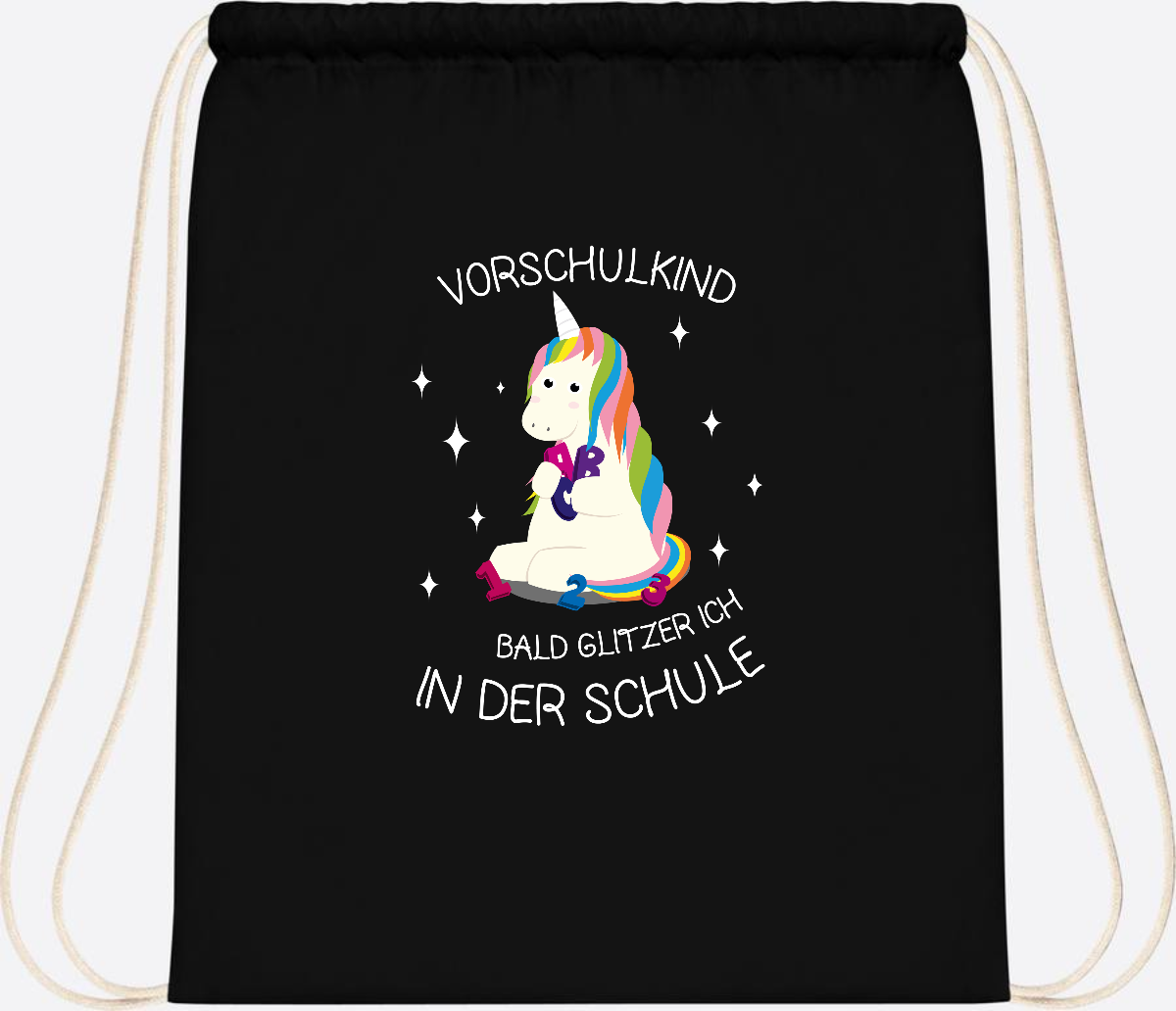 Turnbeutel Einhorn Vorschulkind – Personalisiert mit Namen - Black