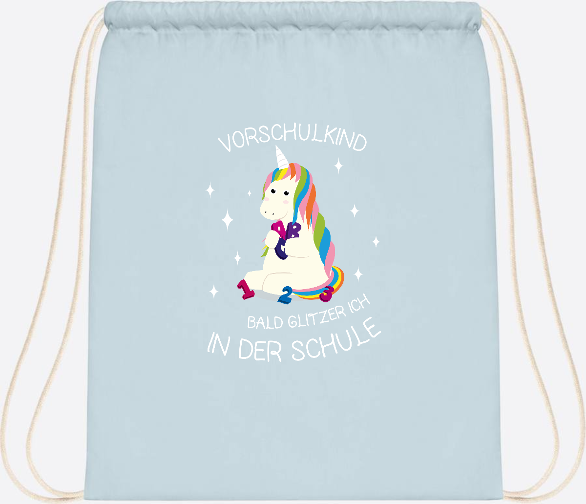 Turnbeutel Einhorn Vorschulkind – Personalisiert mit Namen - Pastel Blue/White