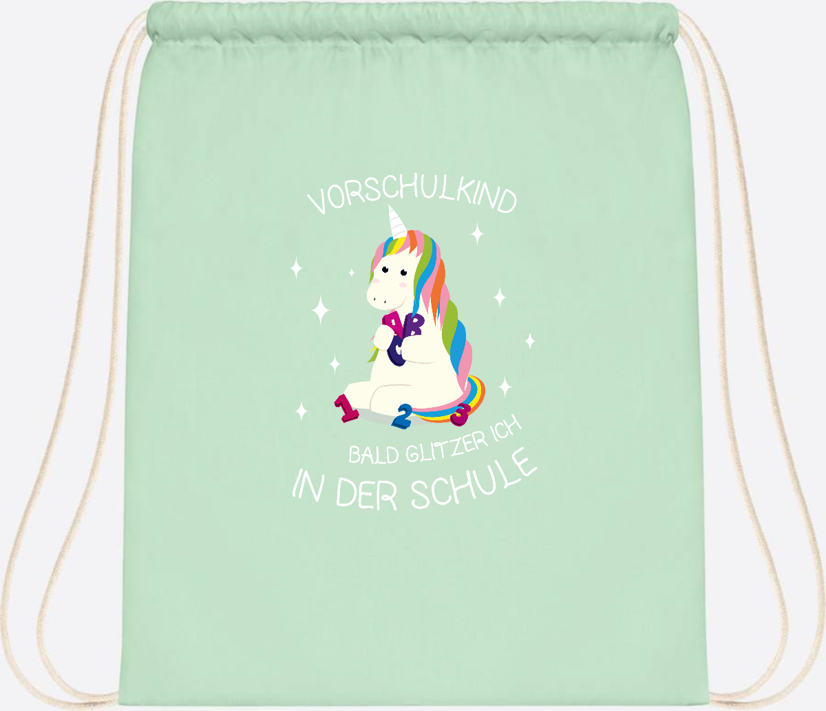 Turnbeutel Einhorn Vorschulkind – Personalisiert mit Namen - Pastel Mint/White