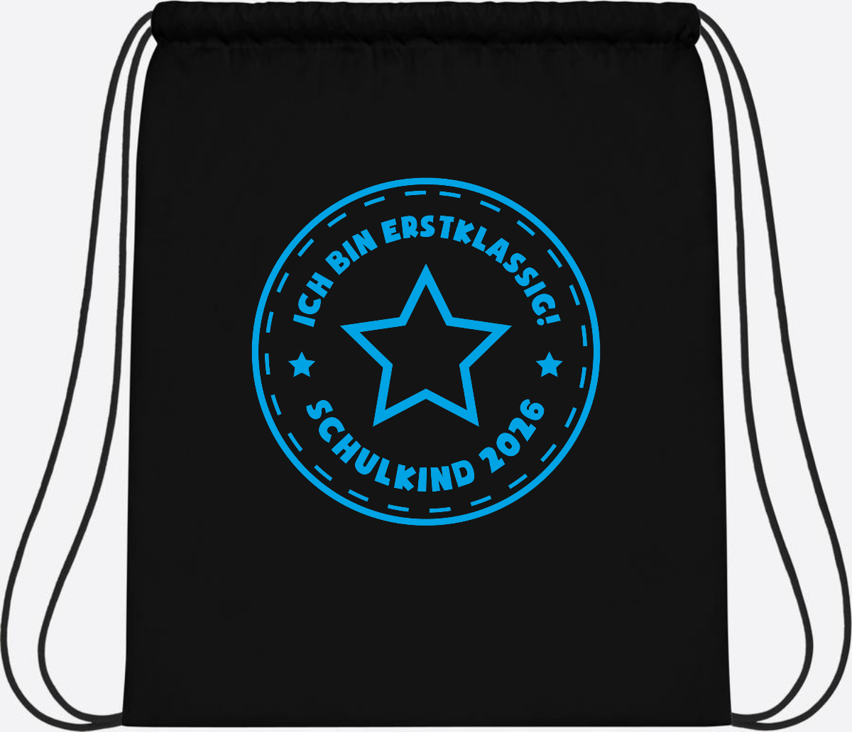 Turnbeutel Einschulung 2025: Ich bin erstklassig Stern Hellblau - Black/Black