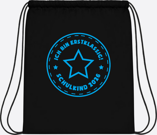 Turnbeutel Einschulung 2025: Ich bin erstklassig Stern Hellblau - Black/Black