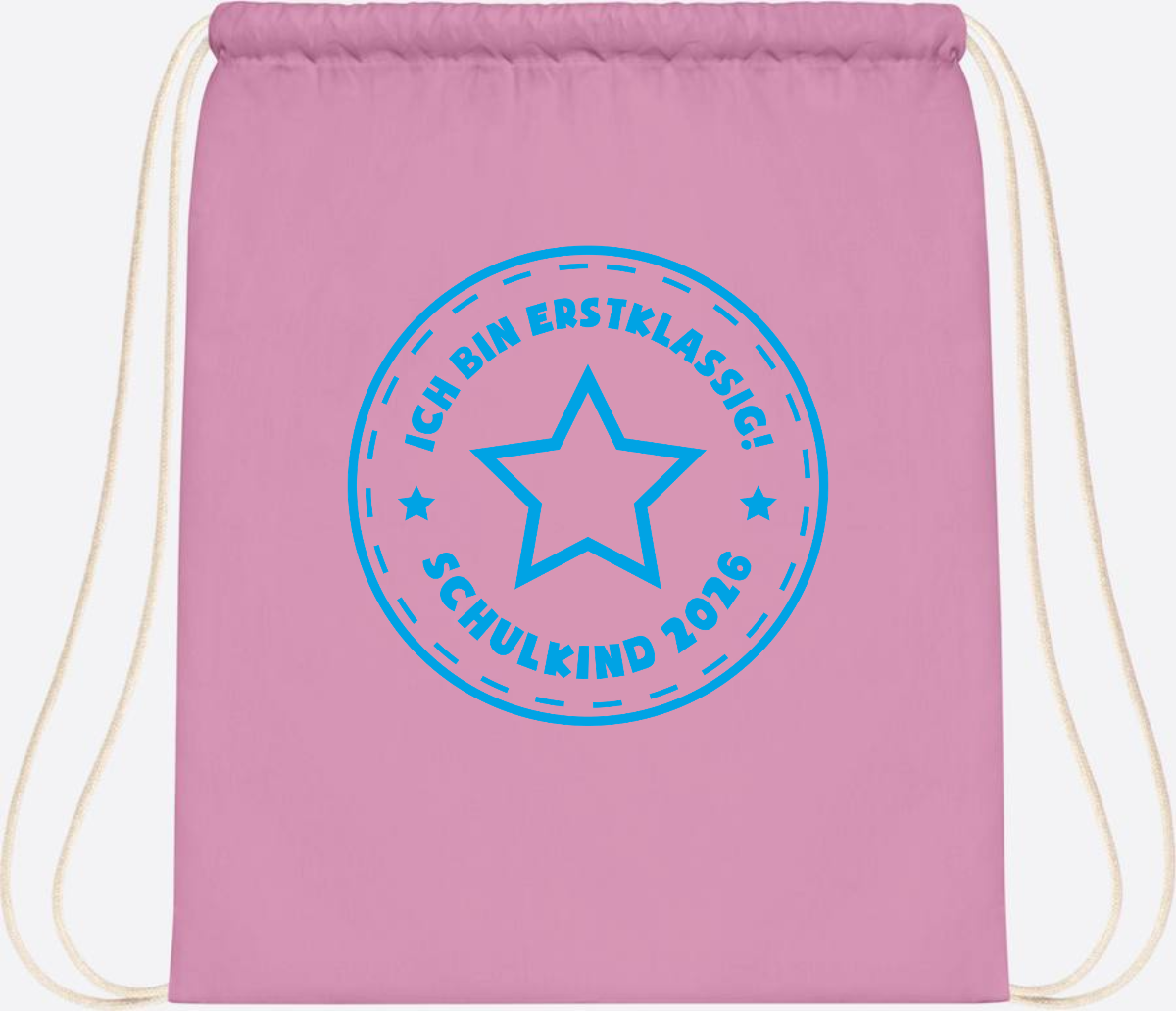 Turnbeutel Einschulung 2025: Ich bin erstklassig Stern Hellblau - Classic Pink/White