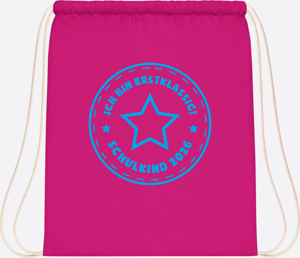 Turnbeutel Einschulung 2025: Ich bin erstklassig Stern Hellblau - Fuchsia