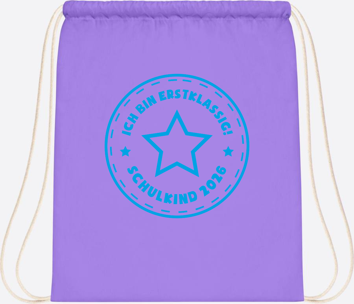 Turnbeutel Einschulung 2025: Ich bin erstklassig Stern Hellblau - Lavender/White
