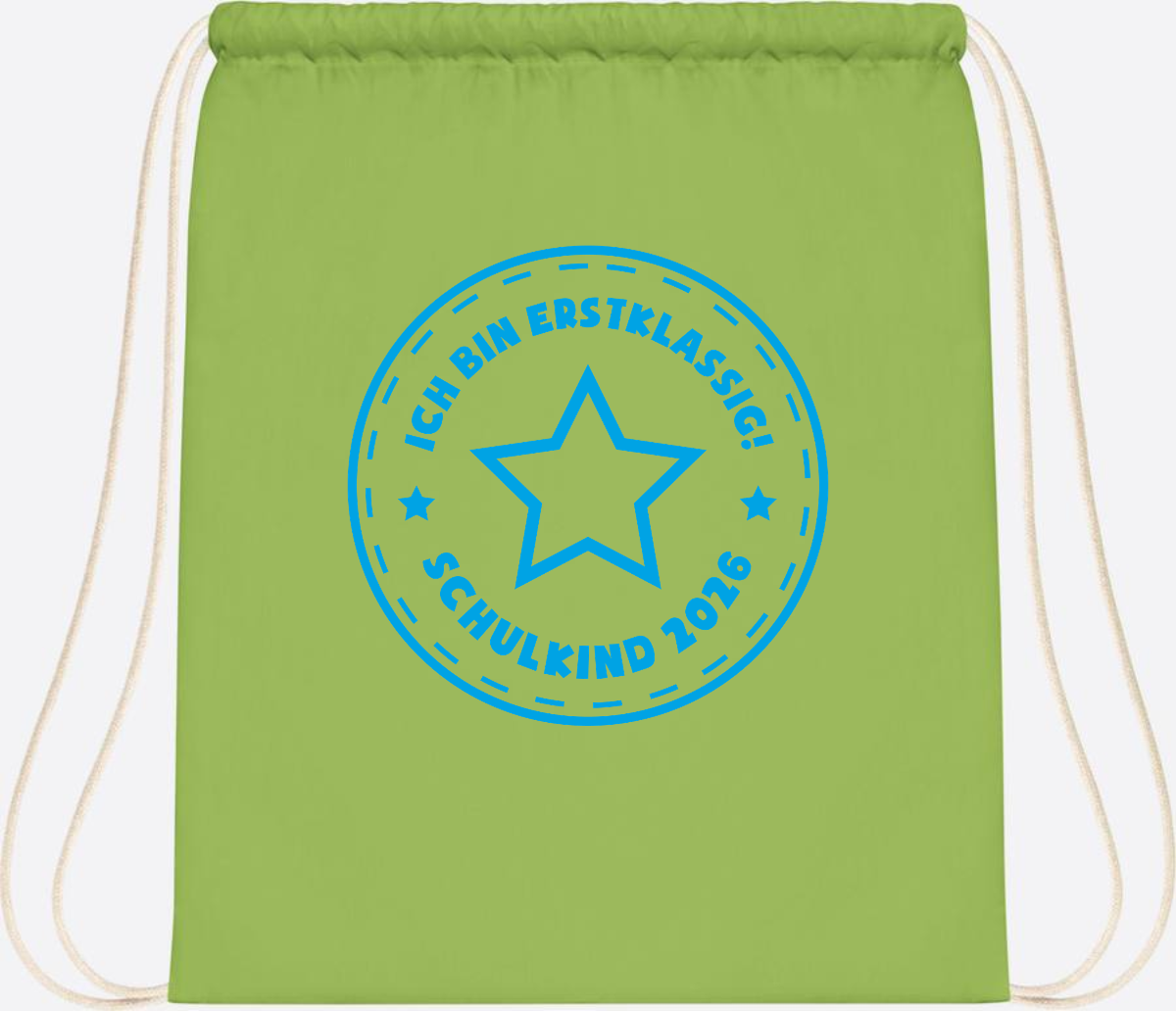 Turnbeutel Einschulung 2025: Ich bin erstklassig Stern Hellblau - Lime Green
