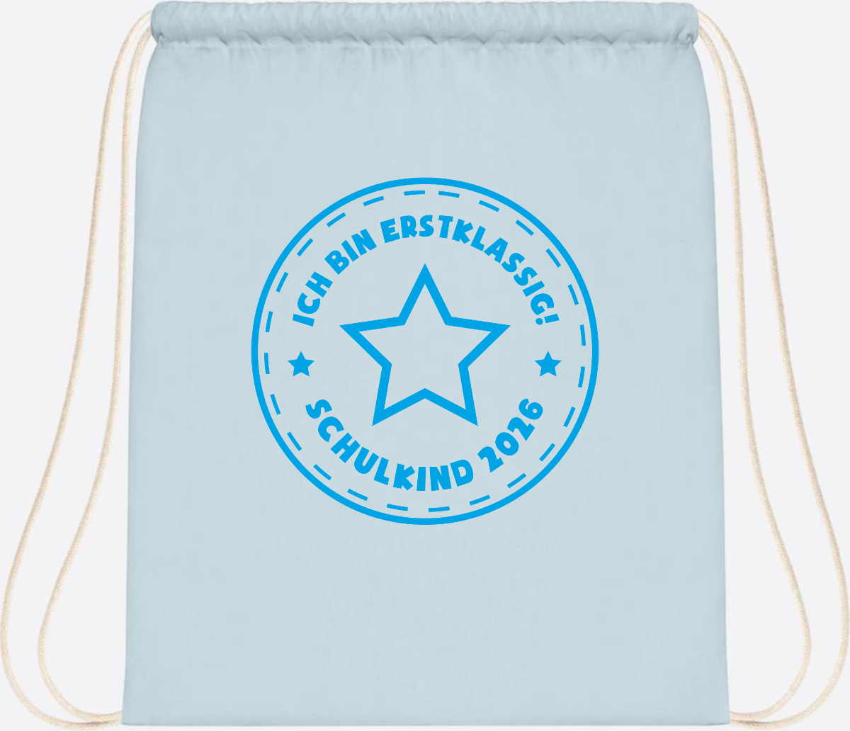Turnbeutel Einschulung 2025: Ich bin erstklassig Stern Hellblau - Pastel Blue/White