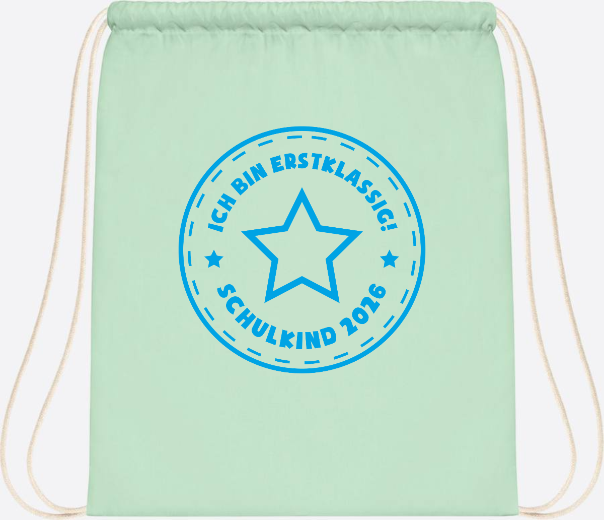 Turnbeutel Einschulung 2025: Ich bin erstklassig Stern Hellblau - Pastel Mint/White