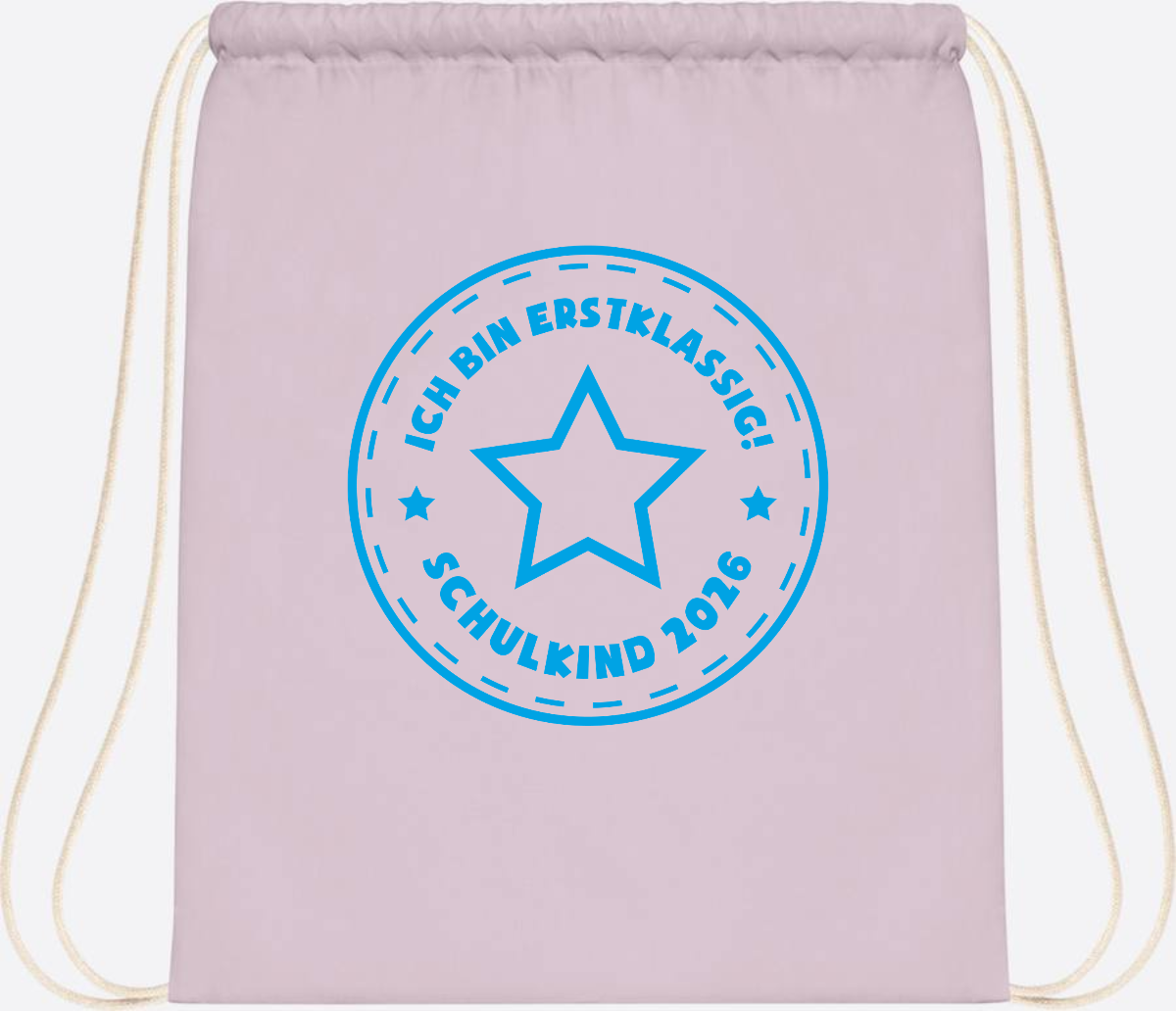 Turnbeutel Einschulung 2025: Ich bin erstklassig Stern Hellblau - Pastel Pink/White