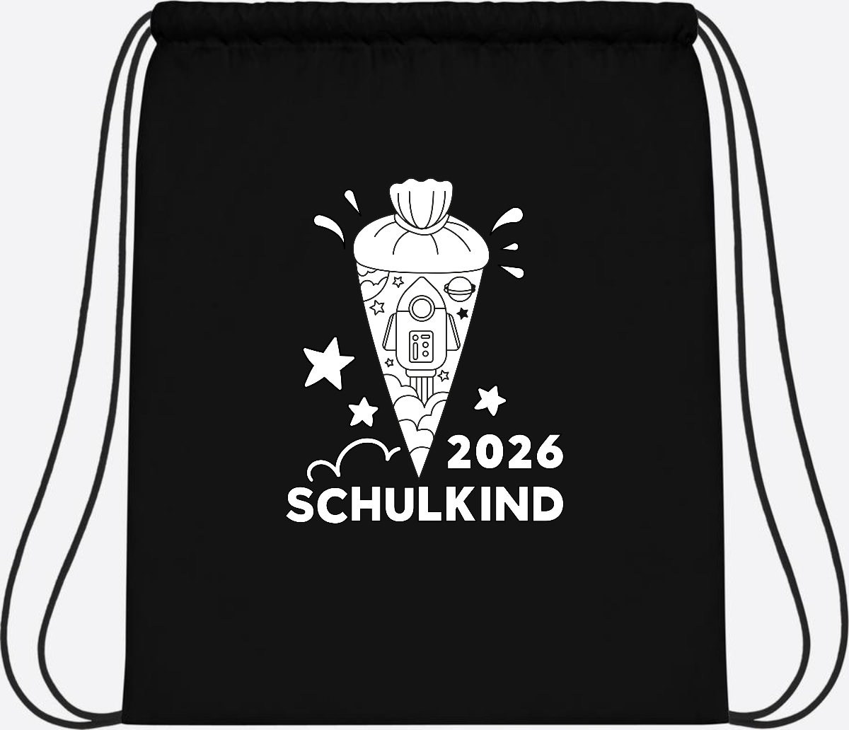 Turnbeutel Einschulung 2025 – Rakete zum Ausmalen mit Name - Black/Black