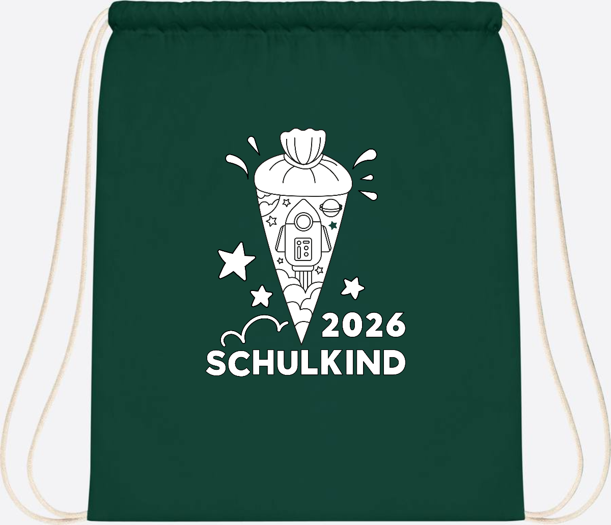 Turnbeutel Einschulung 2025 – Rakete zum Ausmalen mit Name - Bottle Green