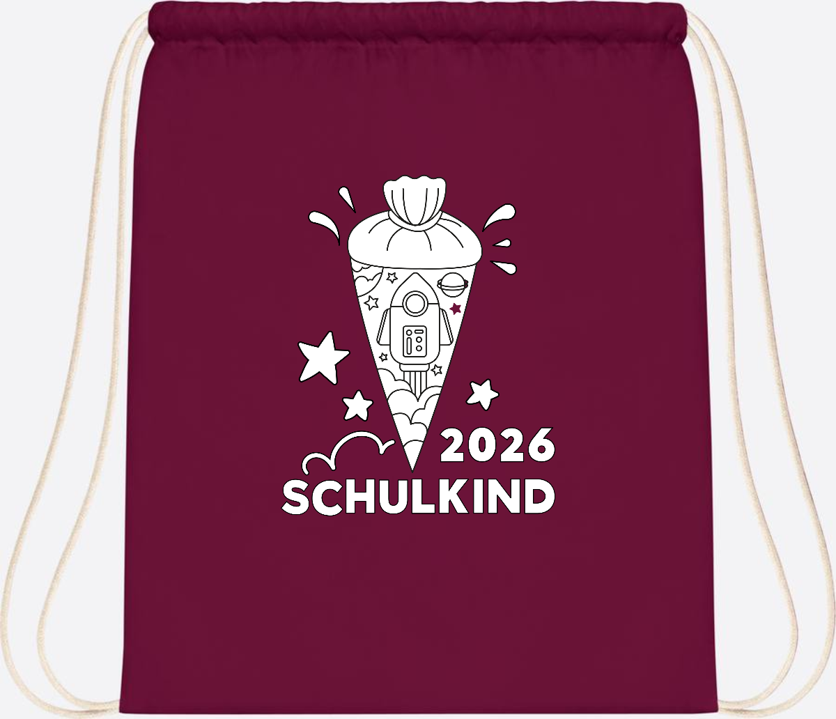Turnbeutel Einschulung 2025 – Rakete zum Ausmalen mit Name - Burgundy