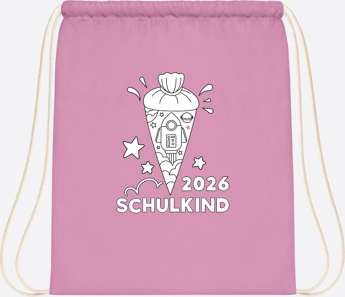 Turnbeutel Einschulung 2025 – Rakete zum Ausmalen mit Name - Classic Pink/White