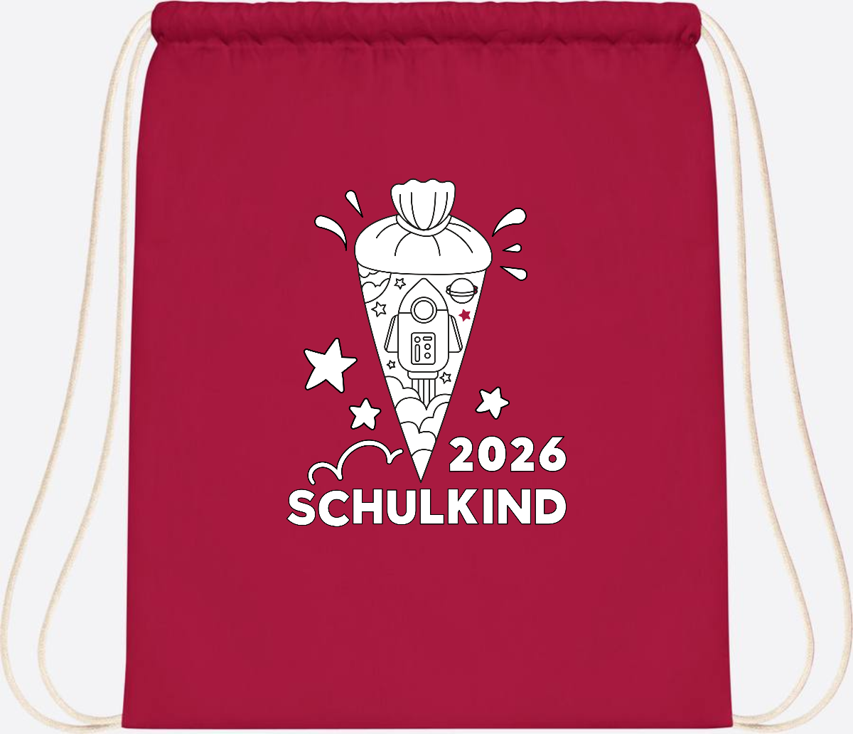 Turnbeutel Einschulung 2025 – Rakete zum Ausmalen mit Name - Classic Red