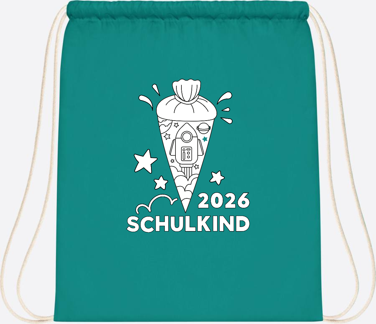 Turnbeutel Einschulung 2025 – Rakete zum Ausmalen mit Name - Emerald