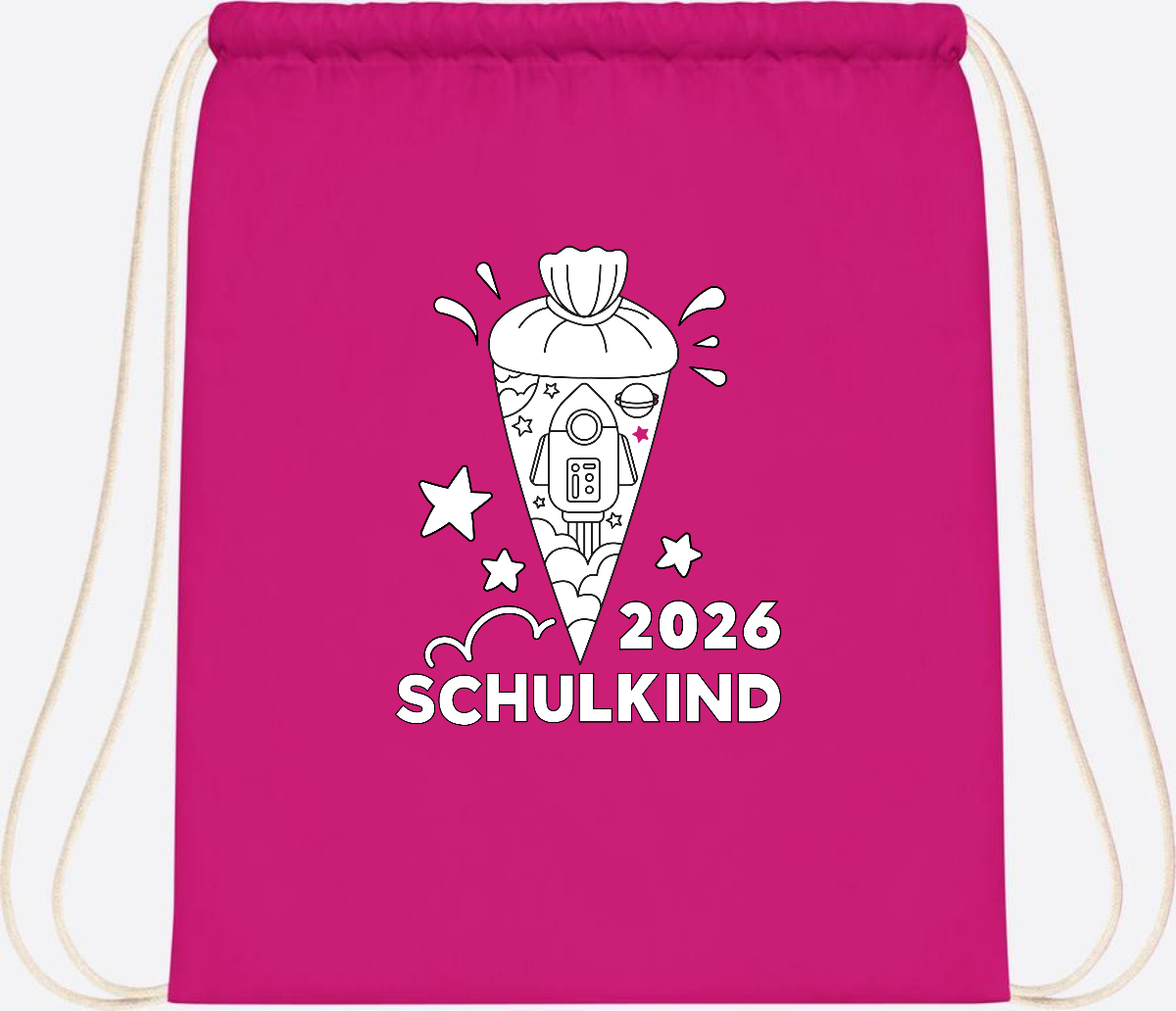 Turnbeutel Einschulung 2025 – Rakete zum Ausmalen mit Name - Fuchsia