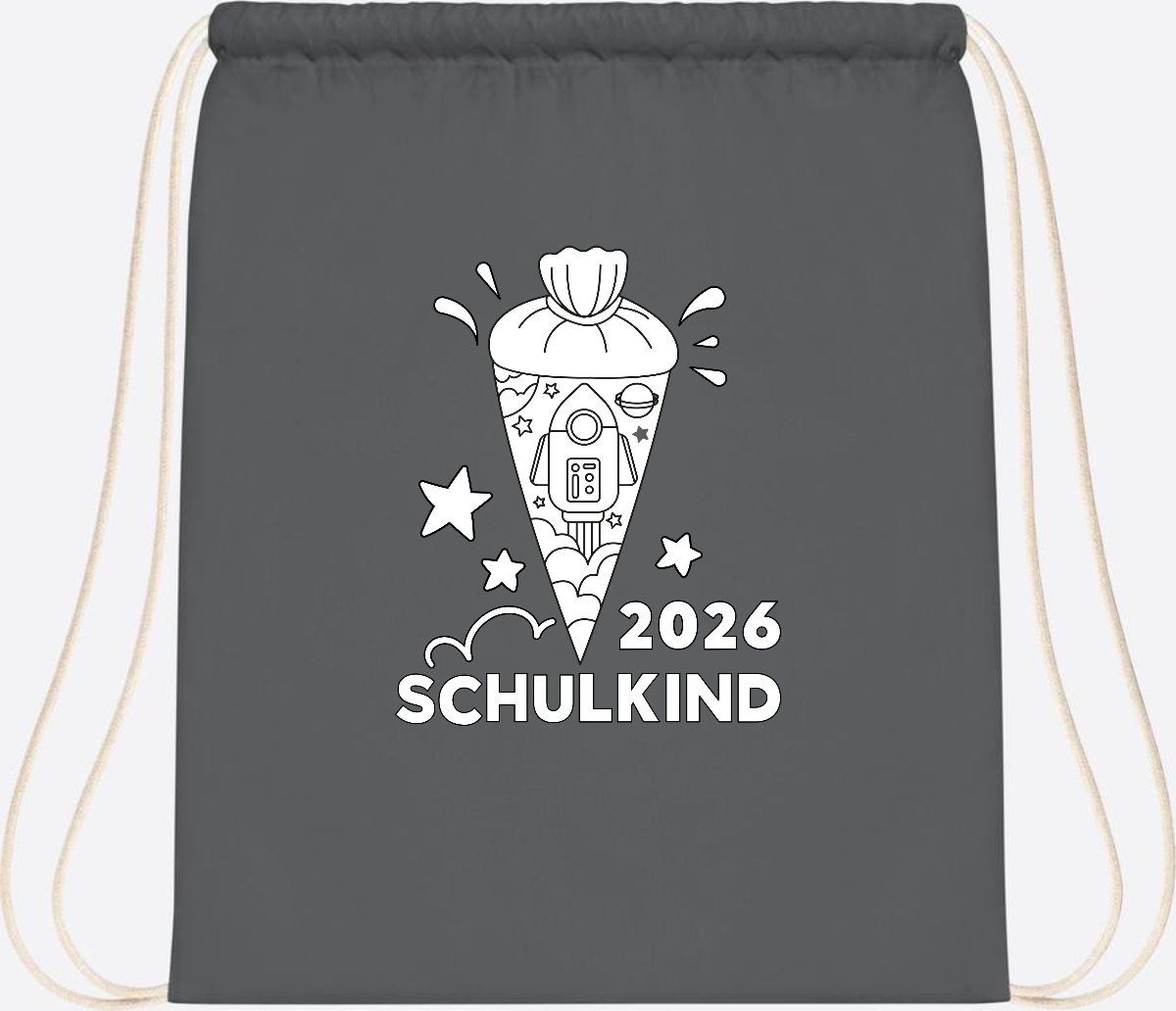 Turnbeutel Einschulung 2025 – Rakete zum Ausmalen mit Name - Graphite Grey
