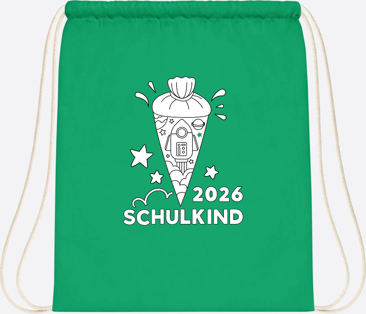 Turnbeutel Einschulung 2025 – Rakete zum Ausmalen mit Name - Kelly Green