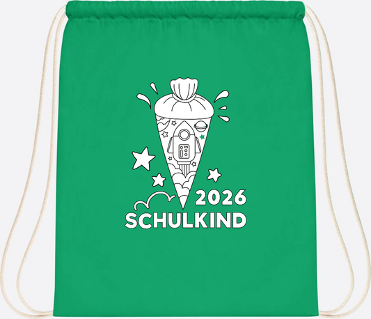 Turnbeutel Einschulung 2025 – Rakete zum Ausmalen mit Name - Kelly Green