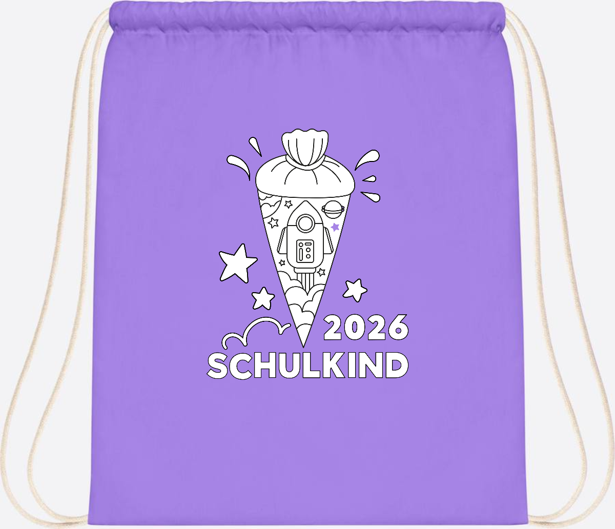Turnbeutel Einschulung 2025 – Rakete zum Ausmalen mit Name - Lavender/White