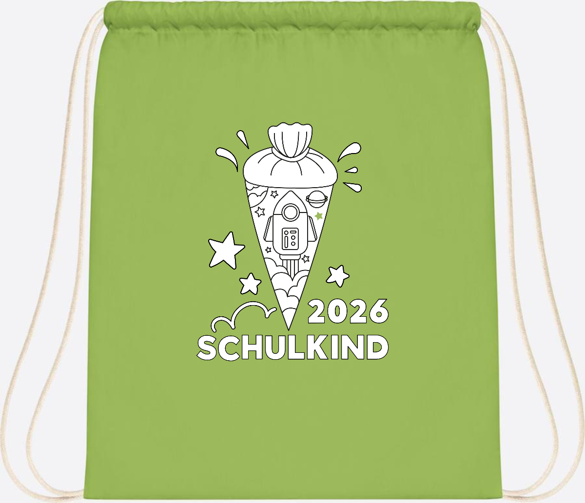 Turnbeutel Einschulung 2025 – Rakete zum Ausmalen mit Name - Lime Green