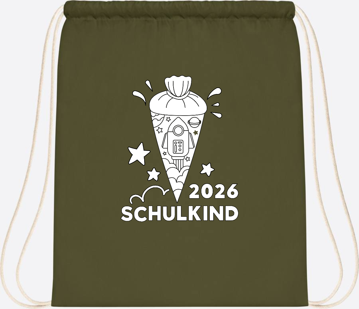 Turnbeutel Einschulung 2025 – Rakete zum Ausmalen mit Name - Olive Green