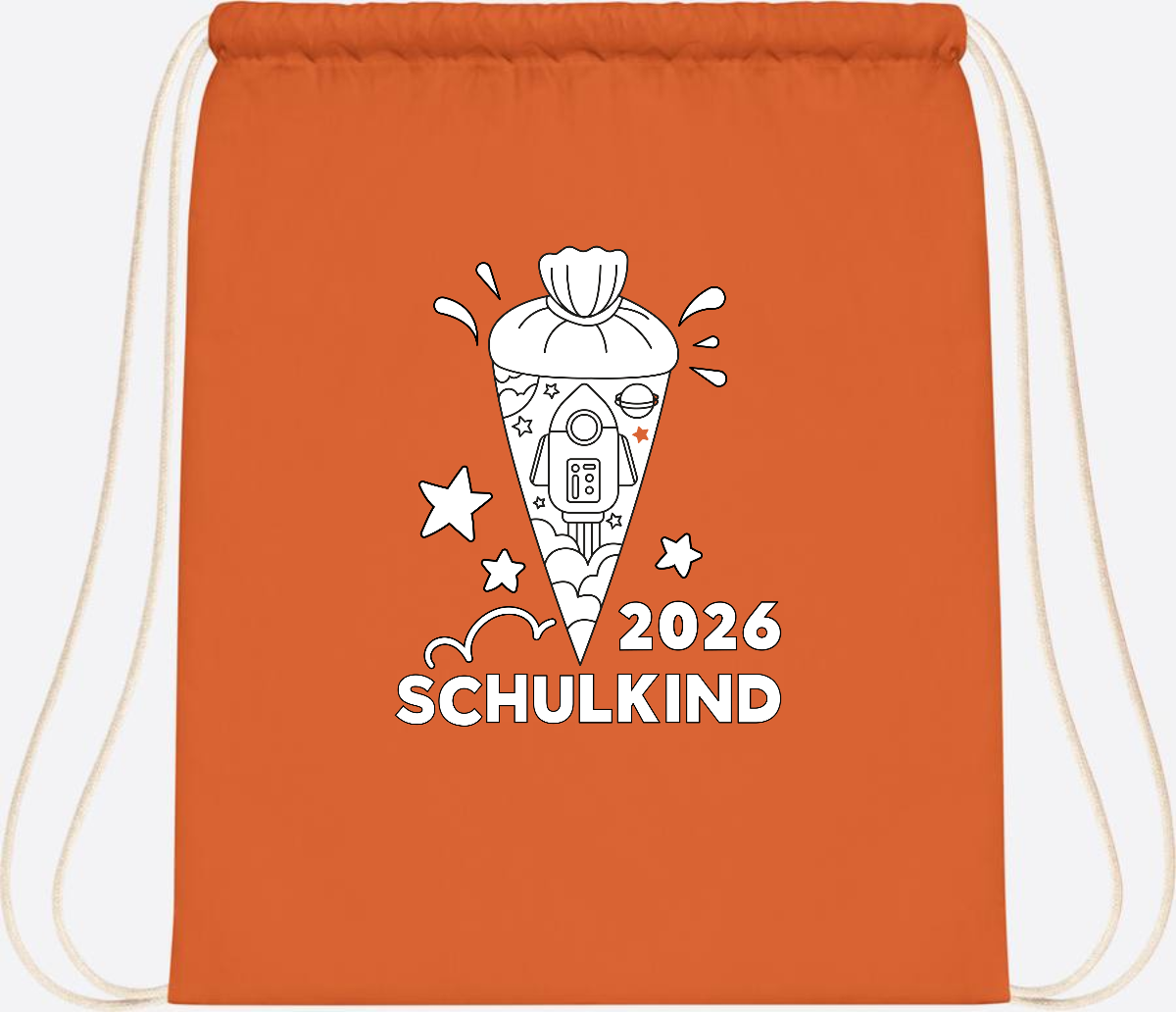 Turnbeutel Einschulung 2025 – Rakete zum Ausmalen mit Name - Orange