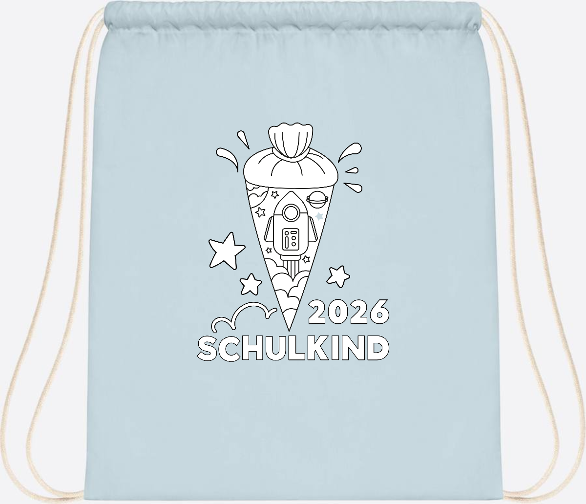 Turnbeutel Einschulung 2025 – Rakete zum Ausmalen mit Name - Pastel Blue/White