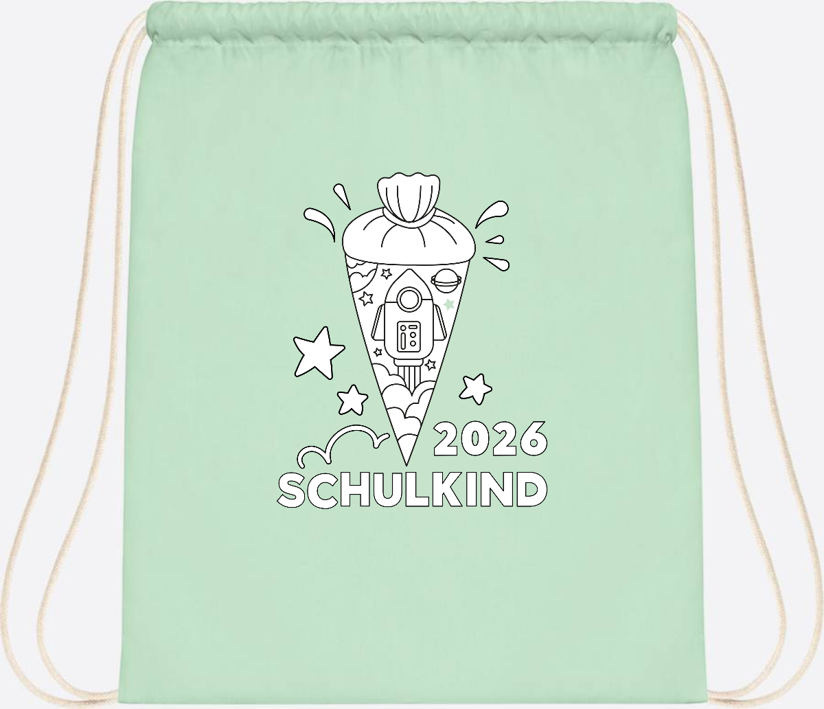 Turnbeutel Einschulung 2025 – Rakete zum Ausmalen mit Name - Pastel Mint/White